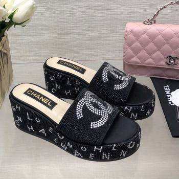 Chanel Crystals Allover Wedge Slide Sandals with Letters Black 2024 042301 (MD-240423011)