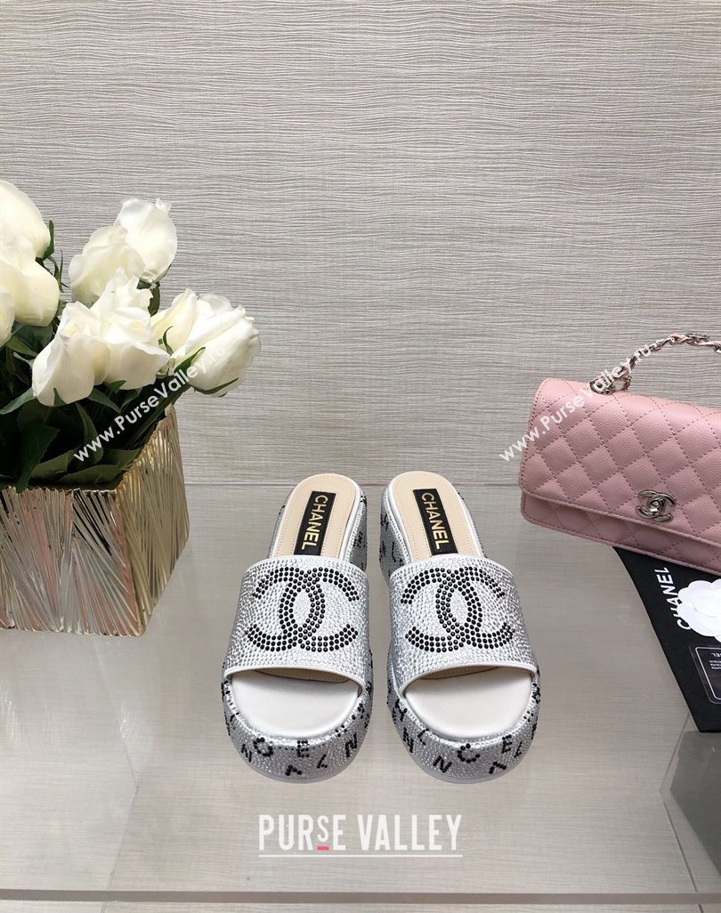 Chanel Crystals Allover Wedge Slide Sandals with Letters Silver 2024 042301 (MD-240423012)