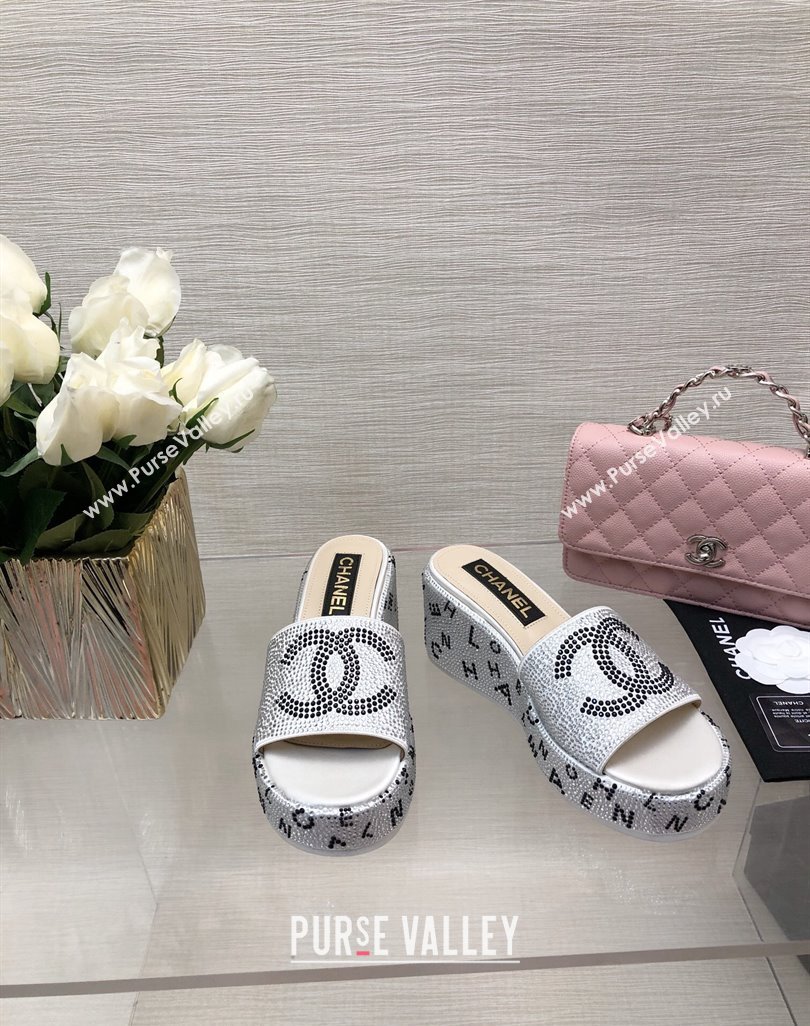 Chanel Crystals Allover Wedge Slide Sandals with Letters Silver 2024 042301 (MD-240423012)