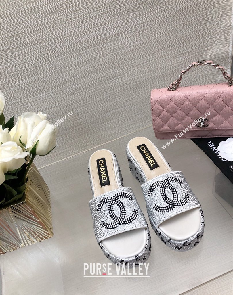 Chanel Crystals Allover Wedge Slide Sandals with Letters Silver 2024 042301 (MD-240423012)