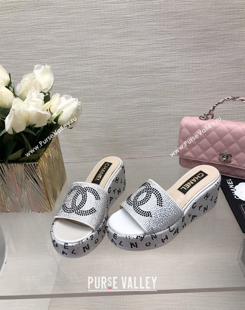 Chanel Crystals Allover Wedge Slide Sandals with Letters Silver 2024 042301 (MD-240423012)