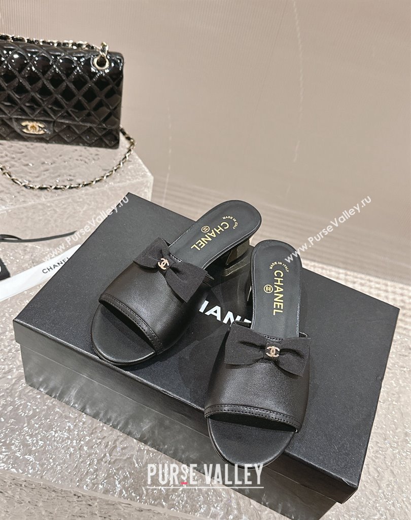 Chanel Lambskin Heel Slide Sandals with Bow 4cm G45691 Black 2024 (MD-240424050)