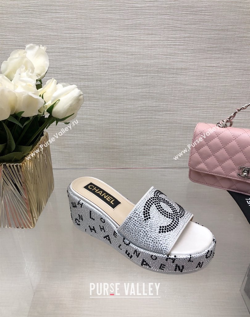 Chanel Crystals Allover Wedge Slide Sandals with Letters Silver 2024 042301 (MD-240423012)