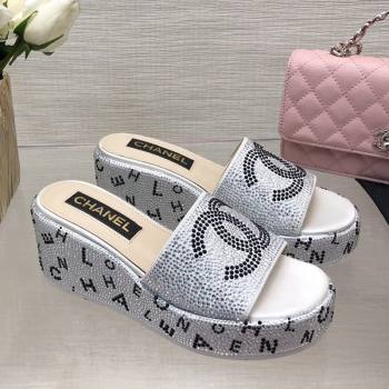 Chanel Crystals Allover Wedge Slide Sandals with Letters Silver 2024 042301 (MD-240423012)