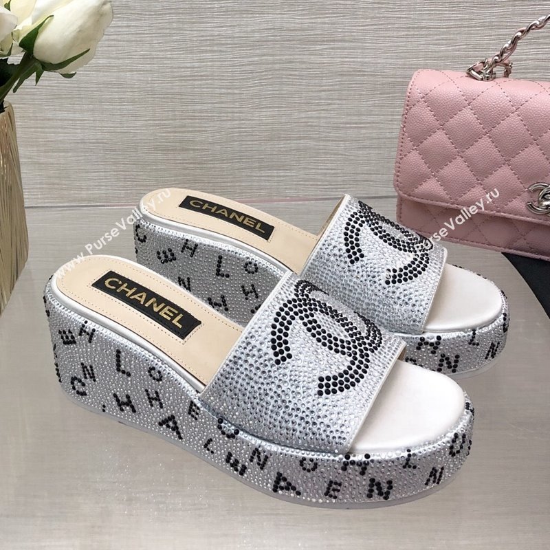 Chanel Crystals Allover Wedge Slide Sandals with Letters Silver 2024 042301 (MD-240423012)