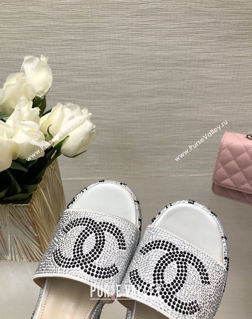 Chanel Crystals Allover Wedge Slide Sandals with Letters Silver 2024 042301 (MD-240423012)