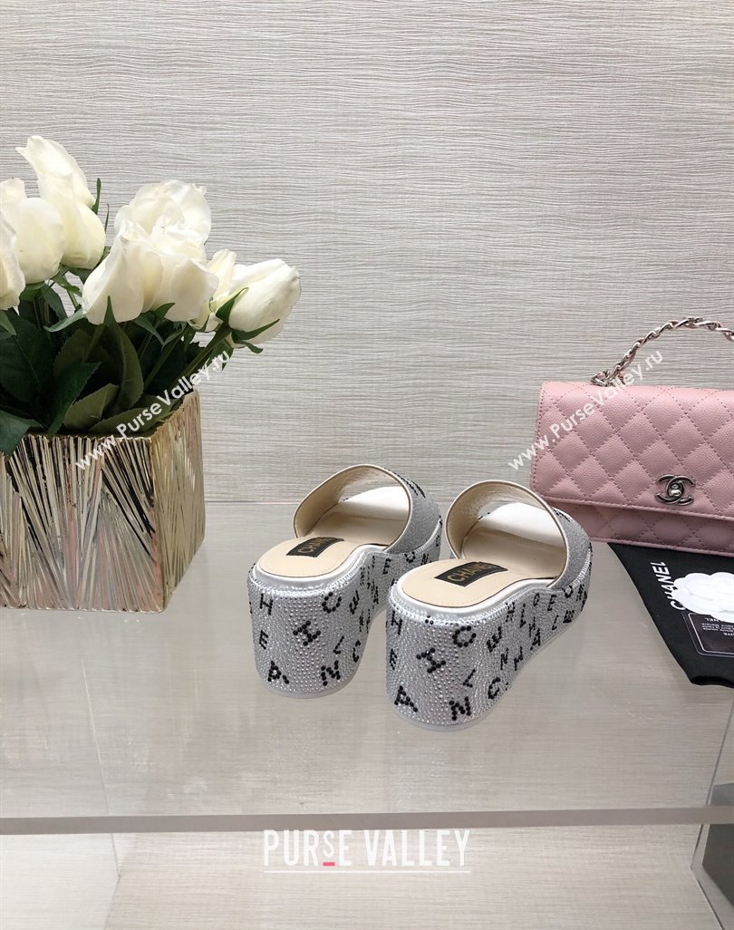 Chanel Crystals Allover Wedge Slide Sandals with Letters Silver 2024 042301 (MD-240423012)