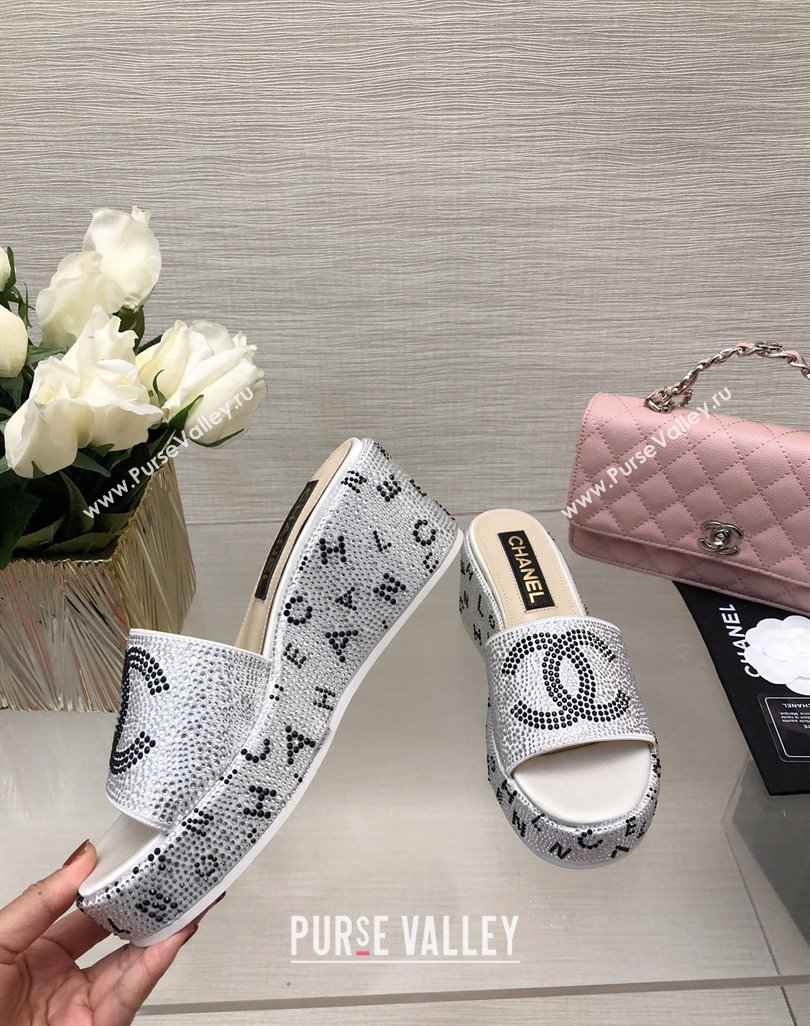 Chanel Crystals Allover Wedge Slide Sandals with Letters Silver 2024 042301 (MD-240423012)