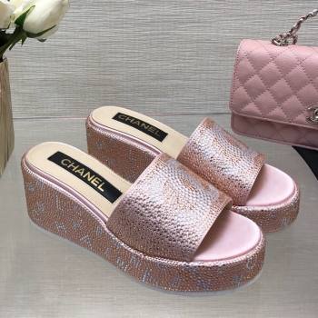 Chanel Crystals Allover Wedge Slide Sandals with Letters Pink 2024 042301 (MD-240423013)