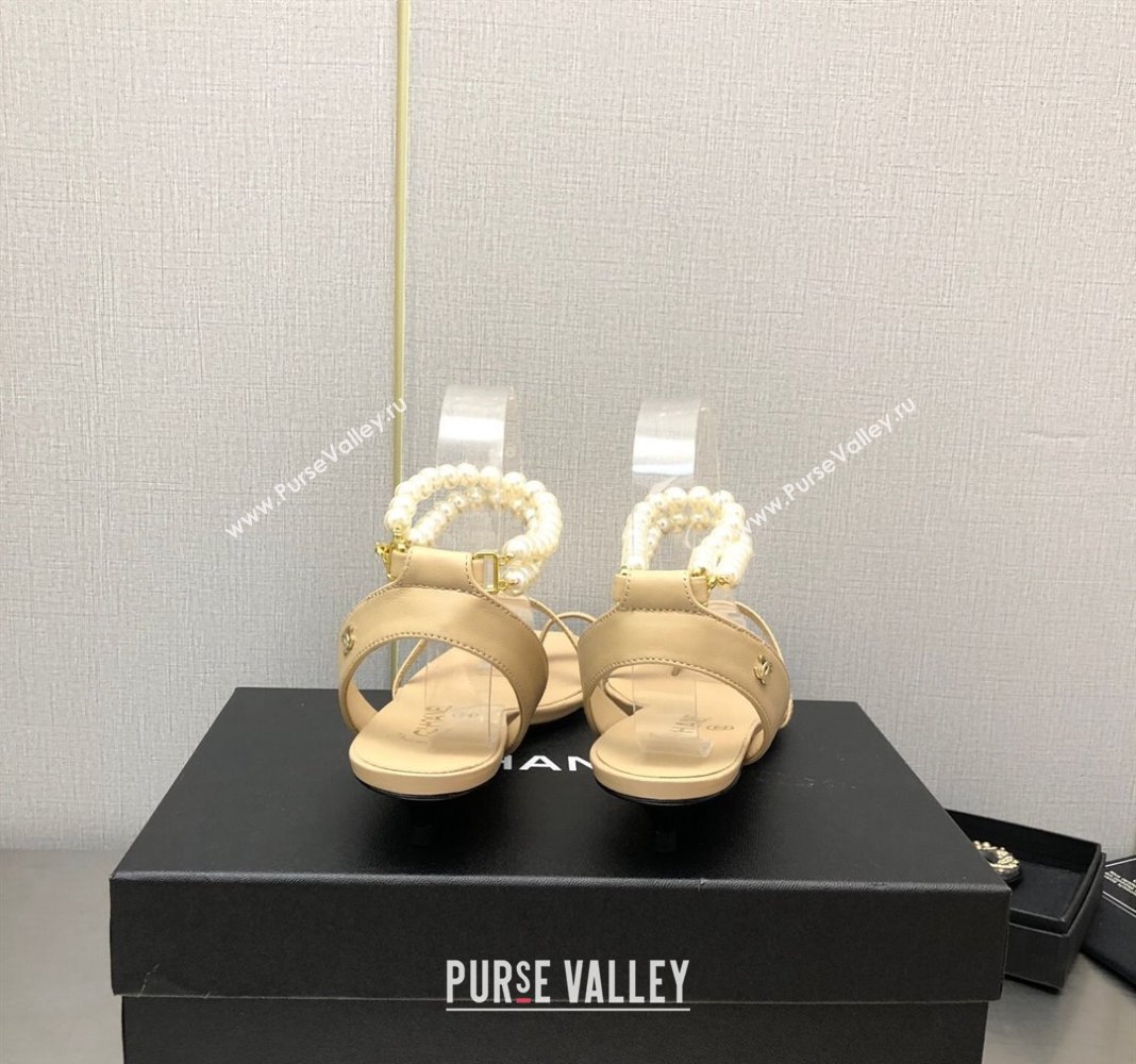 Chanel Lambskin Heel Sandals with Pearls Ankle Strap Beige 2024 0423 (MD-240423002)