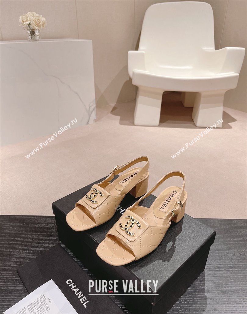 Chanel Quilted Lambskin Heel Sandals 5cm with Folder CC Beige 2024 0424 (MD-240424063)
