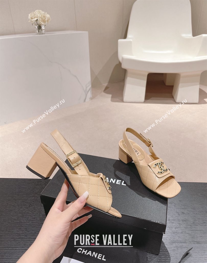 Chanel Quilted Lambskin Heel Sandals 5cm with Folder CC Beige 2024 0424 (MD-240424063)