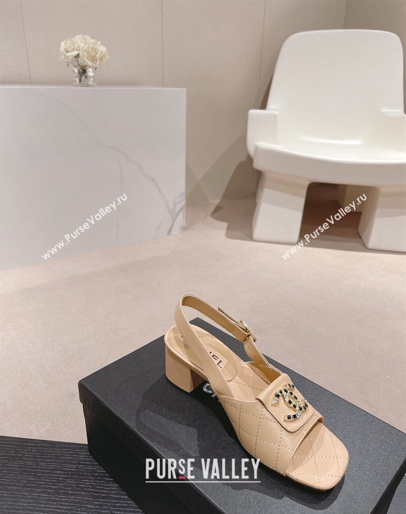 Chanel Quilted Lambskin Heel Sandals 5cm with Folder CC Beige 2024 0424 (MD-240424063)