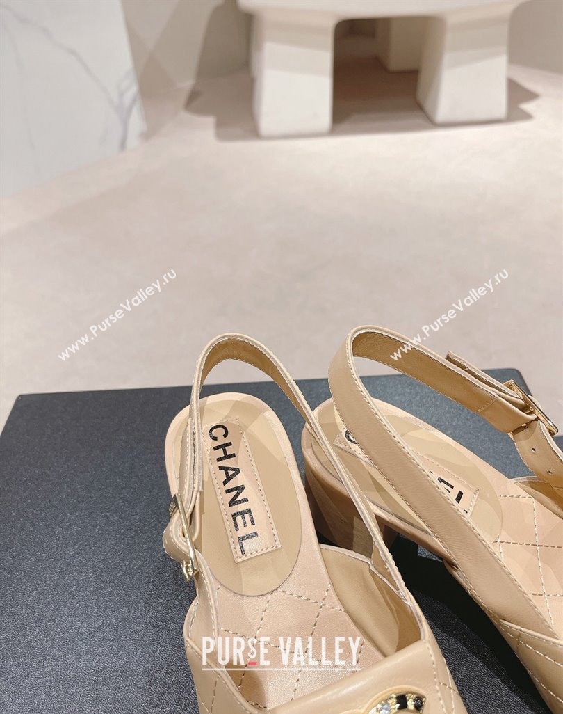 Chanel Quilted Lambskin Heel Sandals 5cm with Folder CC Beige 2024 0424 (MD-240424063)
