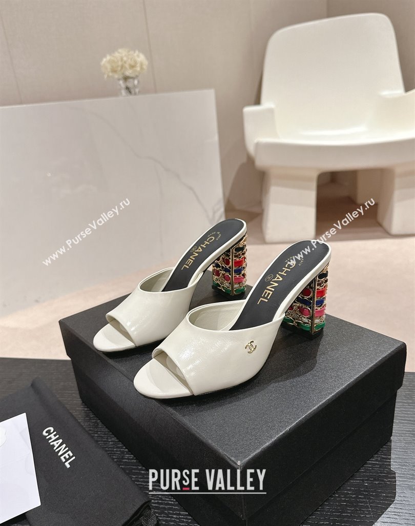 Chanel Shiny Calfskin Heel Slide Sandals 8.5cm with Colored Heel White 2024 0424 (MD-240424067)