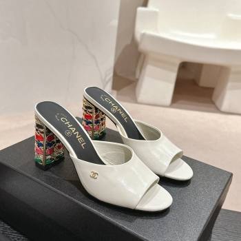 Chanel Shiny Calfskin Heel Slide Sandals 8.5cm with Colored Heel White 2024 0424 (MD-240424067)