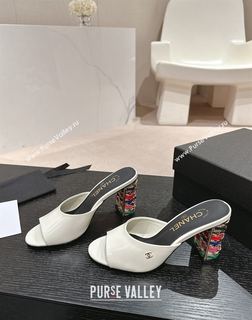 Chanel Shiny Calfskin Heel Slide Sandals 8.5cm with Colored Heel White 2024 0424 (MD-240424067)