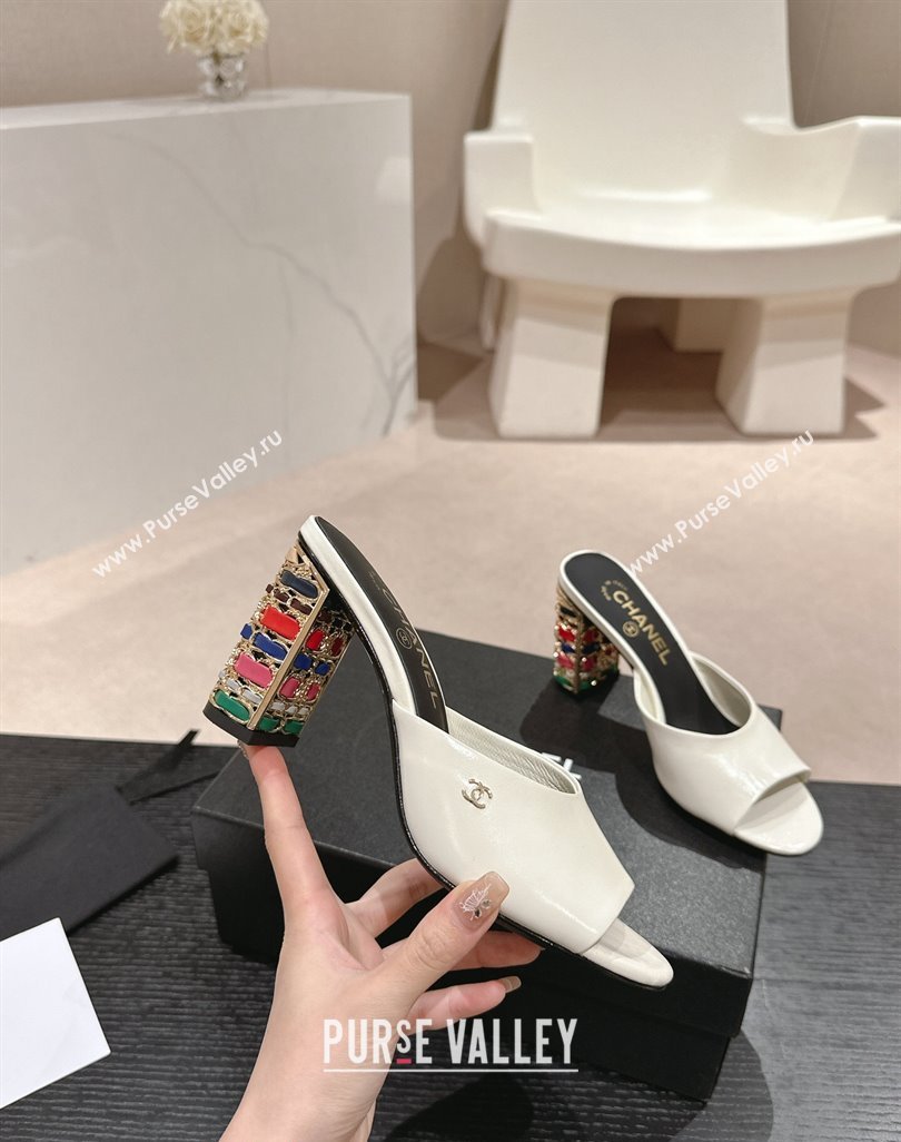 Chanel Shiny Calfskin Heel Slide Sandals 8.5cm with Colored Heel White 2024 0424 (MD-240424067)