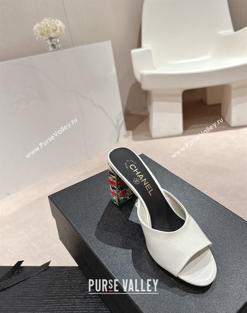 Chanel Shiny Calfskin Heel Slide Sandals 8.5cm with Colored Heel White 2024 0424 (MD-240424067)