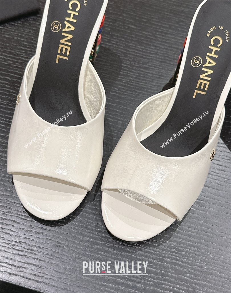 Chanel Shiny Calfskin Heel Slide Sandals 8.5cm with Colored Heel White 2024 0424 (MD-240424067)