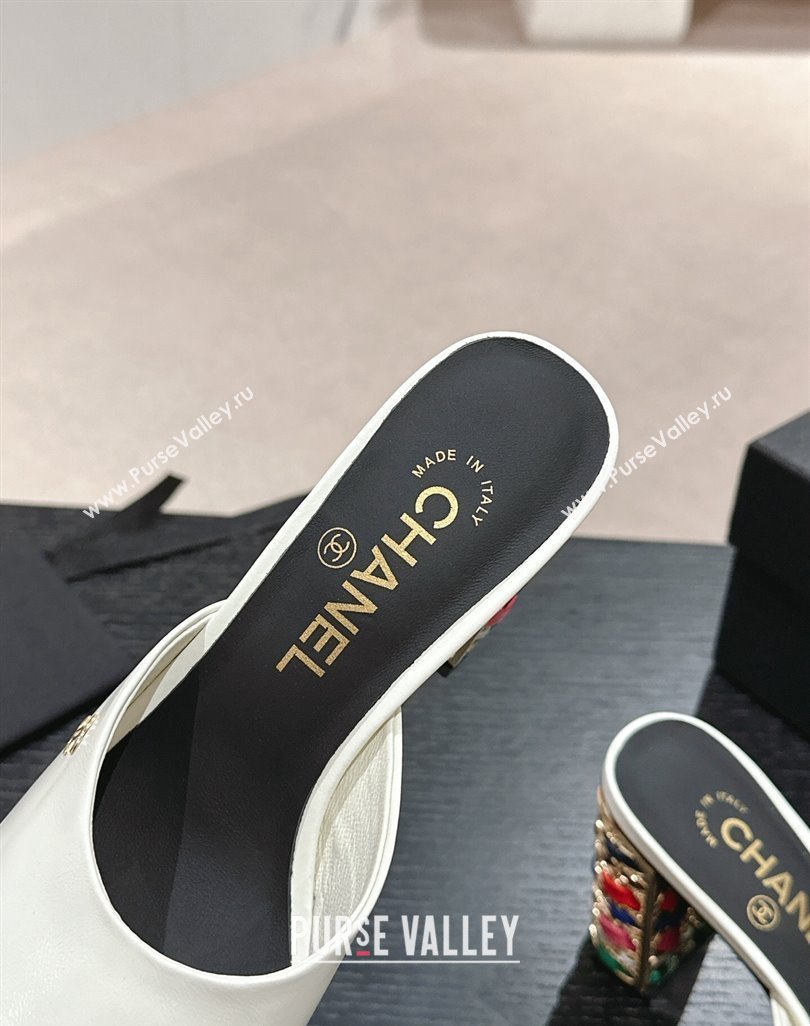 Chanel Shiny Calfskin Heel Slide Sandals 8.5cm with Colored Heel White 2024 0424 (MD-240424067)