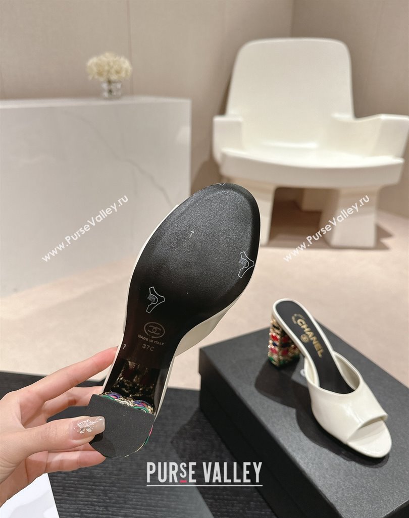 Chanel Shiny Calfskin Heel Slide Sandals 8.5cm with Colored Heel White 2024 0424 (MD-240424067)