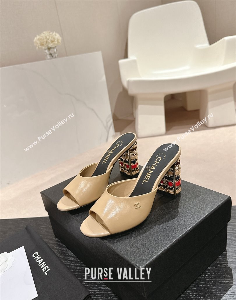 Chanel Shiny Calfskin Heel Slide Sandals 8.5cm with Colored Heel Beige 2024 0424 (MD-240424068)