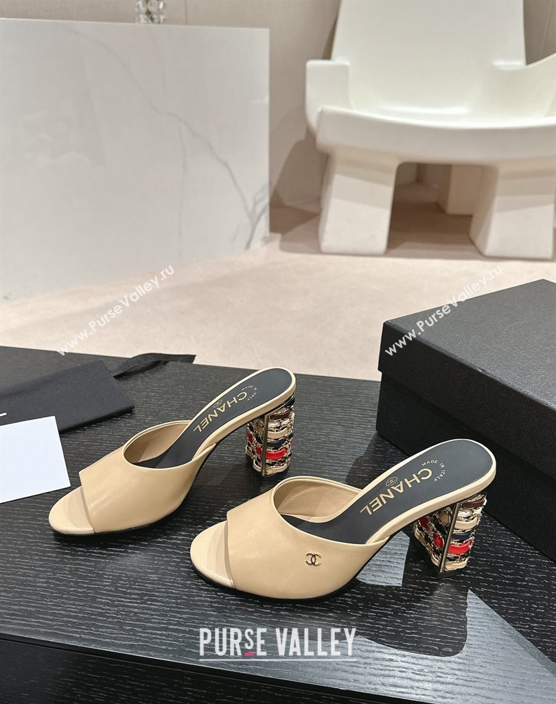 Chanel Shiny Calfskin Heel Slide Sandals 8.5cm with Colored Heel Beige 2024 0424 (MD-240424068)