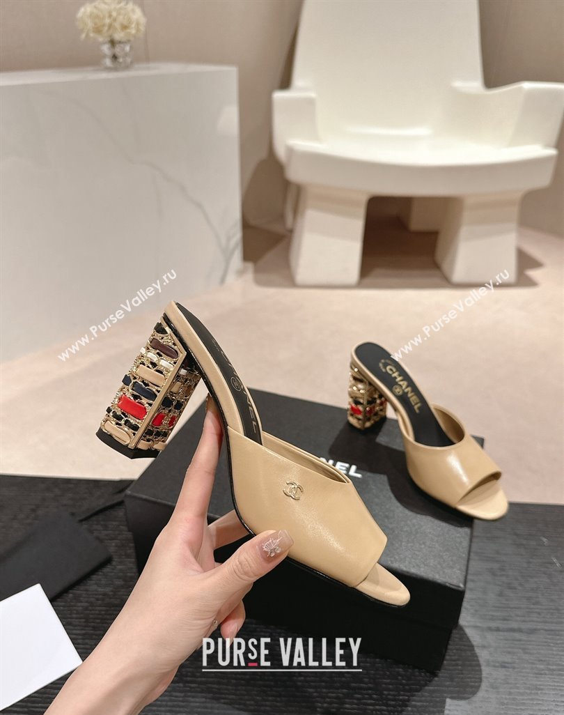 Chanel Shiny Calfskin Heel Slide Sandals 8.5cm with Colored Heel Beige 2024 0424 (MD-240424068)