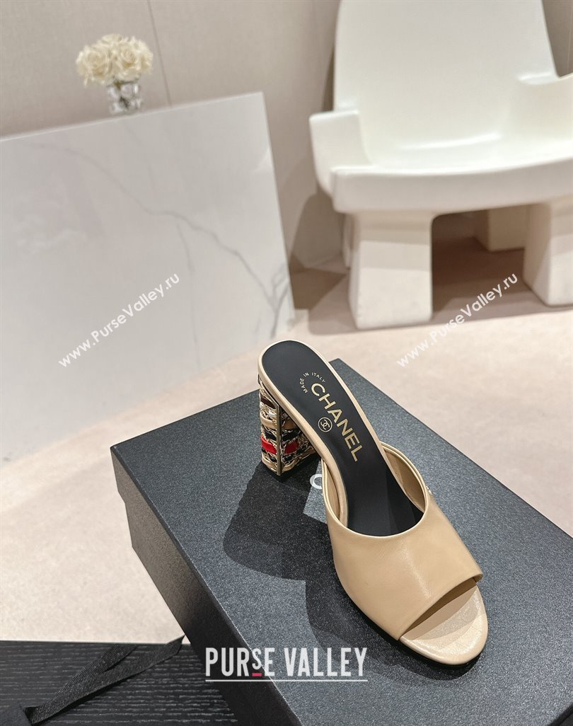 Chanel Shiny Calfskin Heel Slide Sandals 8.5cm with Colored Heel Beige 2024 0424 (MD-240424068)