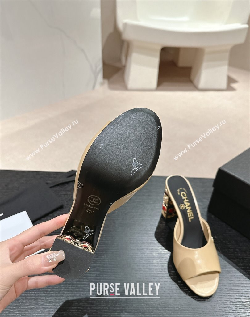 Chanel Shiny Calfskin Heel Slide Sandals 8.5cm with Colored Heel Beige 2024 0424 (MD-240424068)