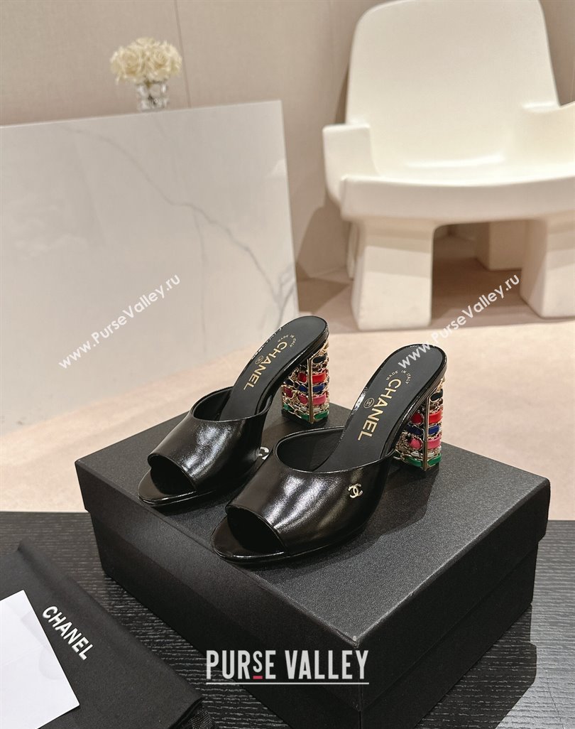 Chanel Shiny Calfskin Heel Slide Sandals 8.5cm with Colored Heel Black 2024 0424 (MD-240424069)