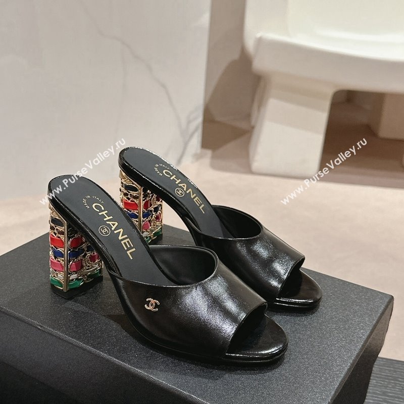 Chanel Shiny Calfskin Heel Slide Sandals 8.5cm with Colored Heel Black 2024 0424 (MD-240424069)