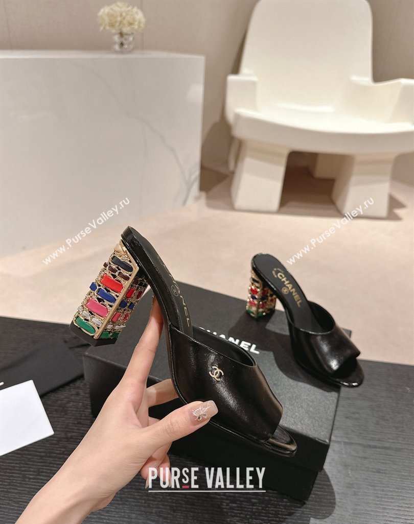 Chanel Shiny Calfskin Heel Slide Sandals 8.5cm with Colored Heel Black 2024 0424 (MD-240424069)
