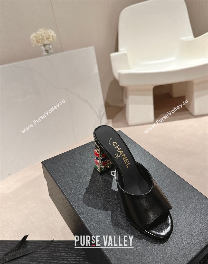 Chanel Shiny Calfskin Heel Slide Sandals 8.5cm with Colored Heel Black 2024 0424 (MD-240424069)