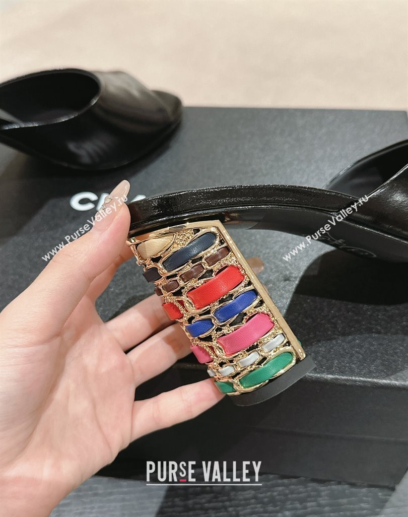 Chanel Shiny Calfskin Heel Slide Sandals 8.5cm with Colored Heel Black 2024 0424 (MD-240424069)