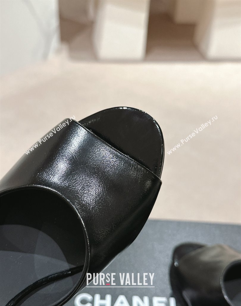 Chanel Shiny Calfskin Heel Slide Sandals 8.5cm with Colored Heel Black 2024 0424 (MD-240424069)