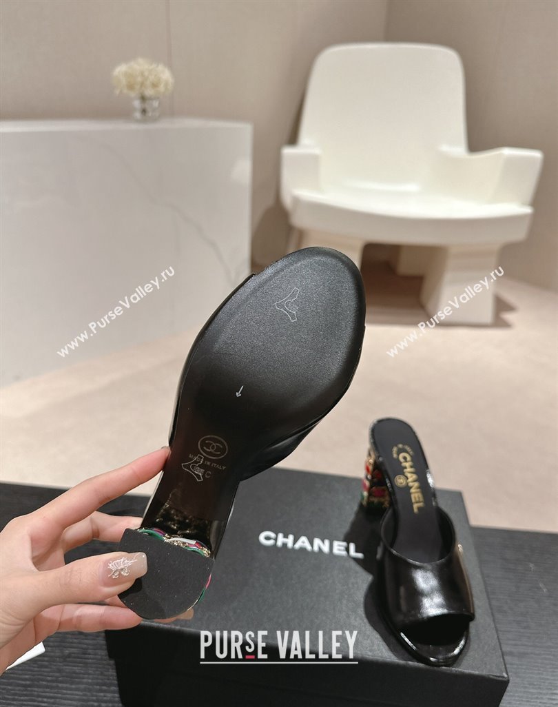Chanel Shiny Calfskin Heel Slide Sandals 8.5cm with Colored Heel Black 2024 0424 (MD-240424069)