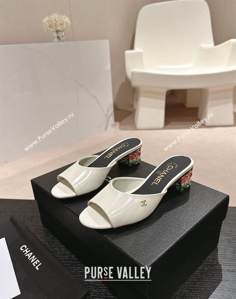 Chanel Shiny Calfskin Heel Slide Sandals 4.5cm with Colored Heel White 2024 0424 (MD-240424064)