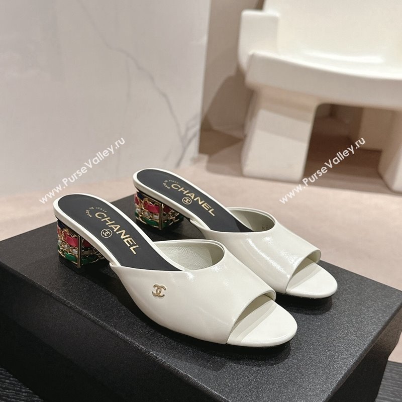 Chanel Shiny Calfskin Heel Slide Sandals 4.5cm with Colored Heel White 2024 0424 (MD-240424064)