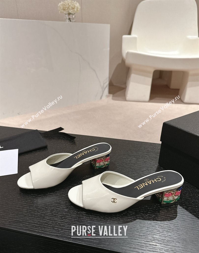 Chanel Shiny Calfskin Heel Slide Sandals 4.5cm with Colored Heel White 2024 0424 (MD-240424064)