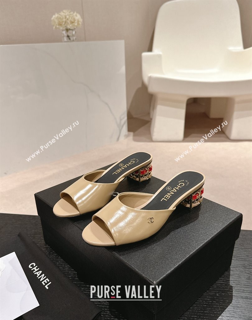 Chanel Shiny Calfskin Heel Slide Sandals 4.5cm with Colored Heel Beige 2024 0424 (MD-240424065)