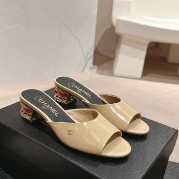 Chanel Shiny Calfskin Heel Slide Sandals 4.5cm with Colored Heel Beige 2024 0424 (MD-240424065)