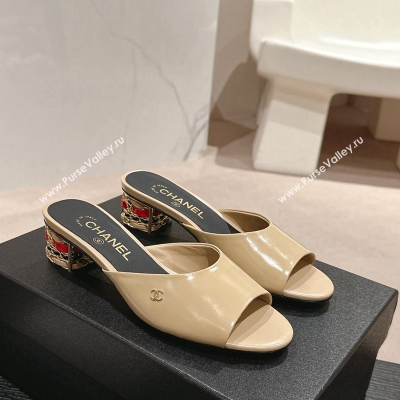 Chanel Shiny Calfskin Heel Slide Sandals 4.5cm with Colored Heel Beige 2024 0424 (MD-240424065)