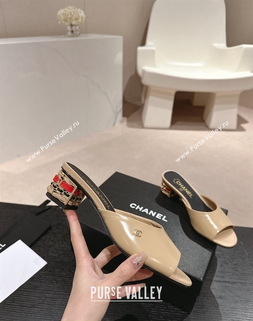 Chanel Shiny Calfskin Heel Slide Sandals 4.5cm with Colored Heel Beige 2024 0424 (MD-240424065)