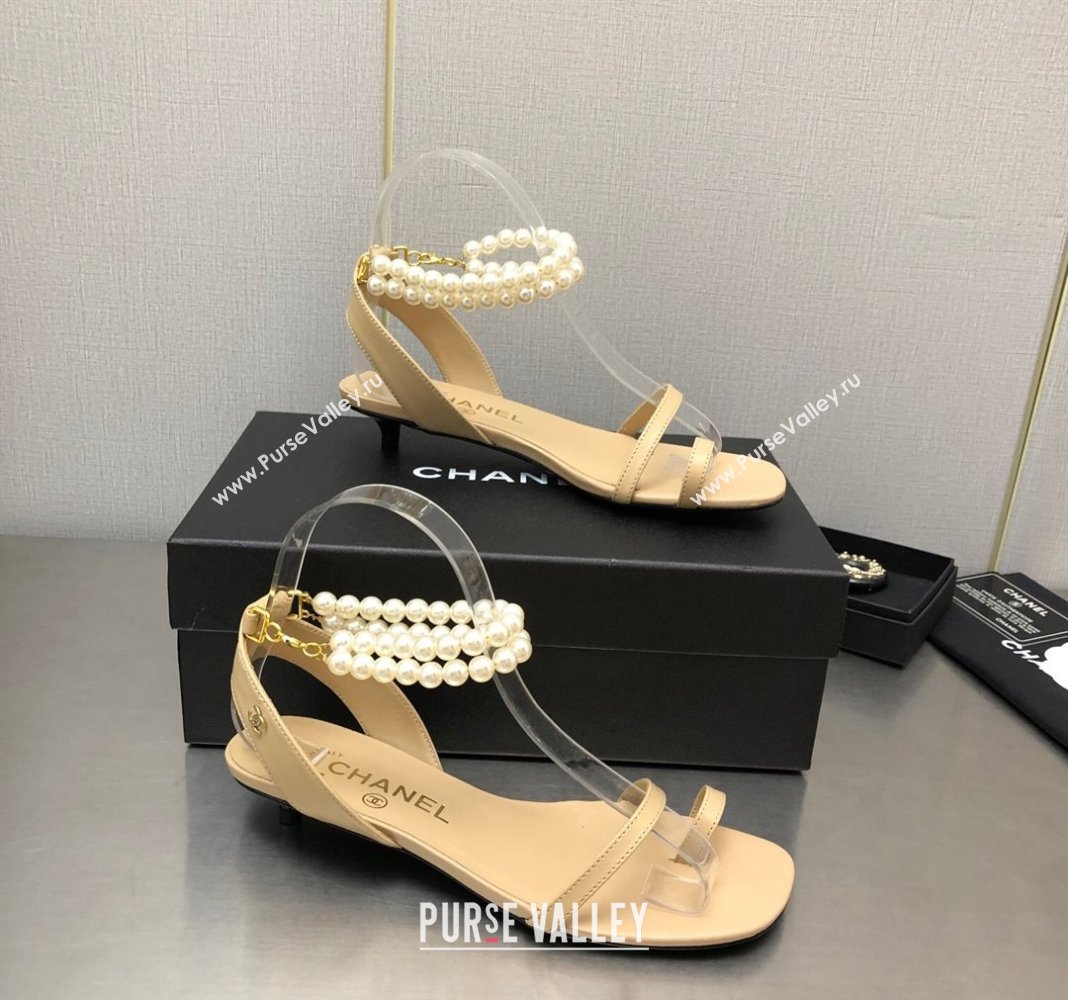 Chanel Lambskin Heel Sandals with Pearls Ankle Strap Beige 2024 0423 (MD-240423002)