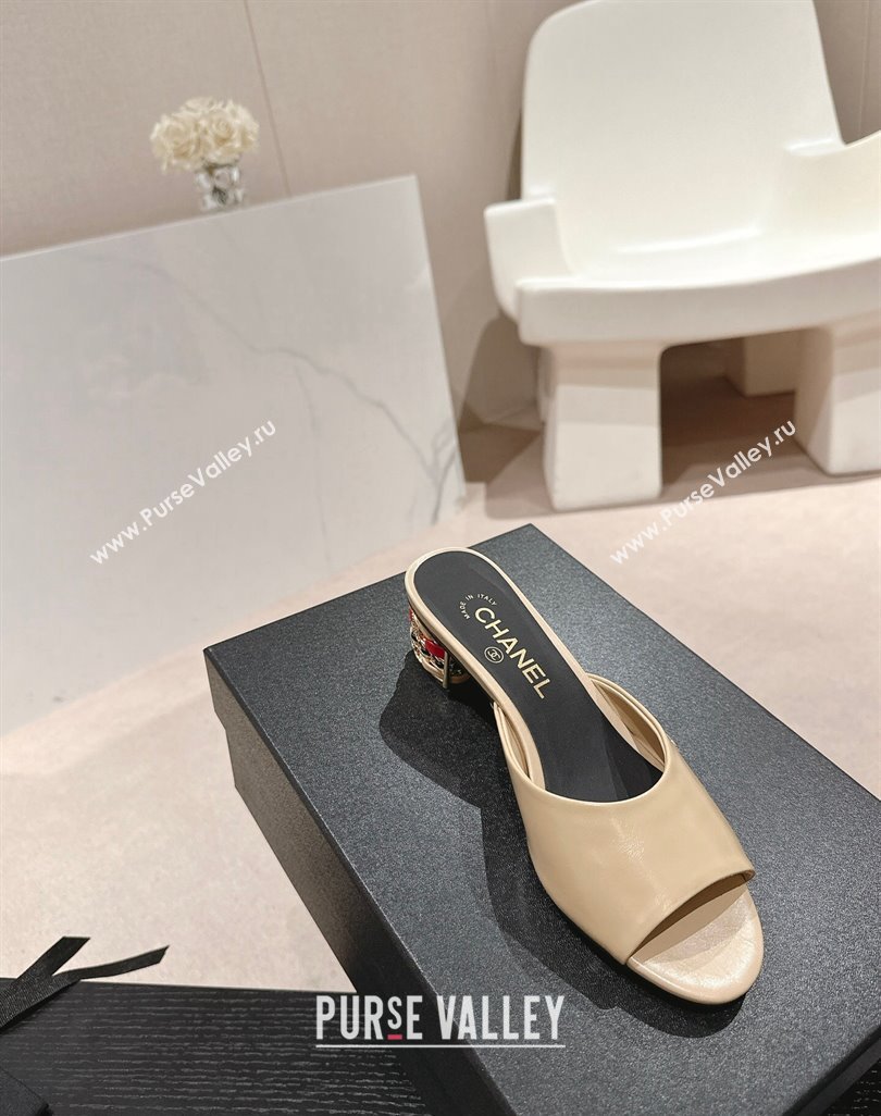 Chanel Shiny Calfskin Heel Slide Sandals 4.5cm with Colored Heel Beige 2024 0424 (MD-240424065)