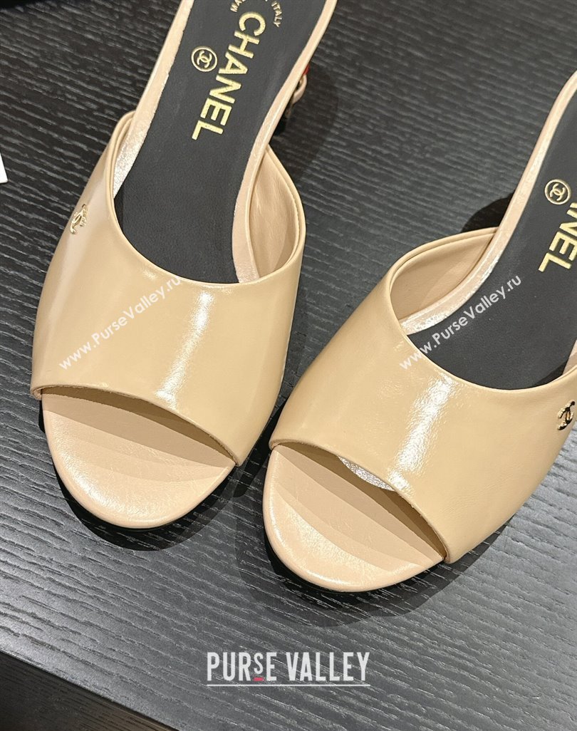 Chanel Shiny Calfskin Heel Slide Sandals 4.5cm with Colored Heel Beige 2024 0424 (MD-240424065)