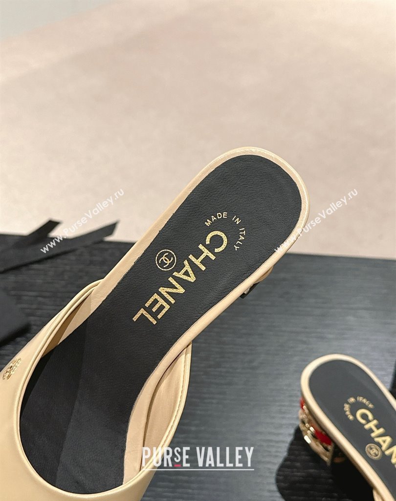 Chanel Shiny Calfskin Heel Slide Sandals 4.5cm with Colored Heel Beige 2024 0424 (MD-240424065)