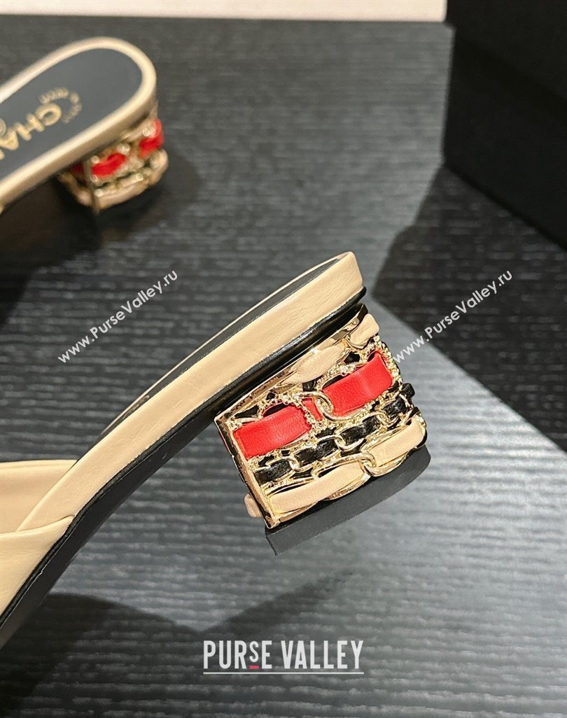 Chanel Shiny Calfskin Heel Slide Sandals 4.5cm with Colored Heel Beige 2024 0424 (MD-240424065)
